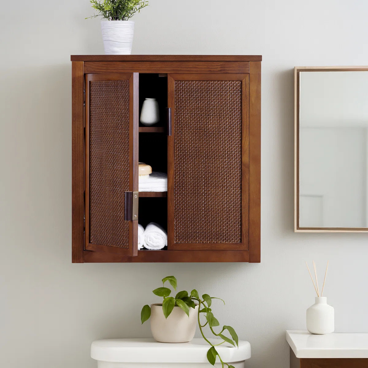 Modern Boho Over-the-Toilet Storage Wall Cabinet with 2 Rattan Inlay Doors, Adjustable Shelves & ... | Wayfair North America