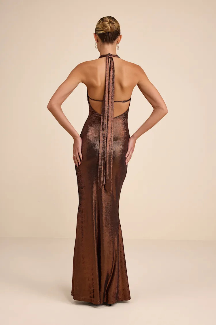 Airla Shiny Bronze Slinky Knit Halter Maxi Dress | Lulus