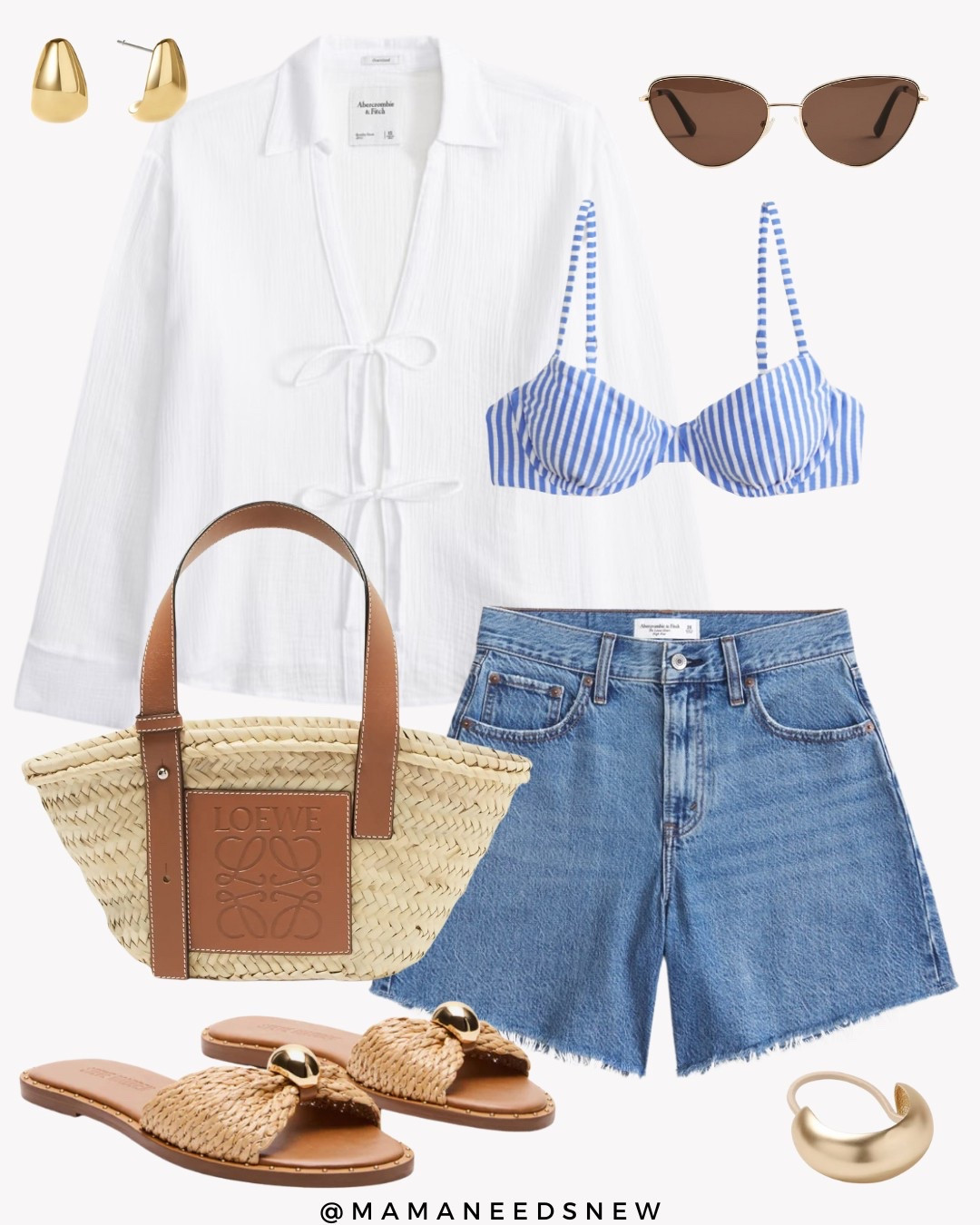 An easy beach to brunch outfit for summer or vacation with a tie front shirt, striped two piece swimsuit, raffia bag, denim shorts & raffia slide sandals 💙

#LTKSaleAlert #LTKStyleTip #LTKItBag