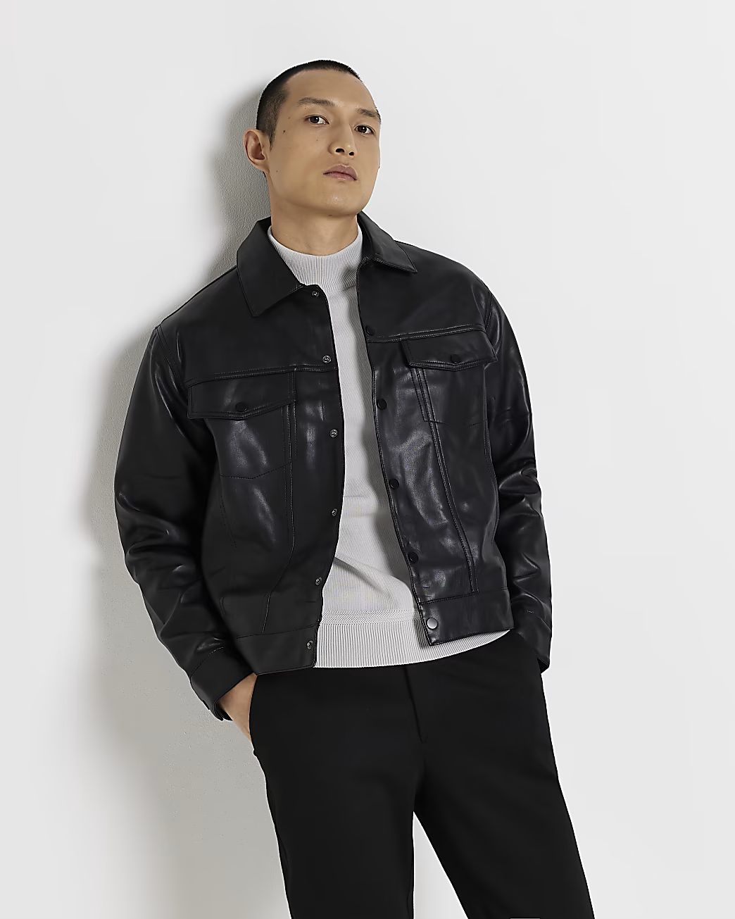 Black Regular fit Faux leather western jacket | River Island (UK & IE)