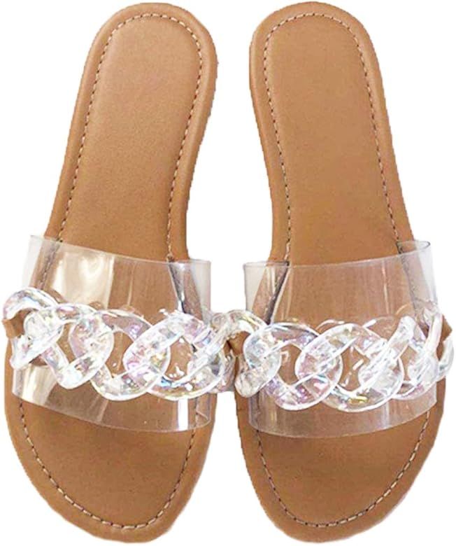 Womens Summer Glitter Candy Color Chain Clear Slides Flat Low Wedge Sparkle Sandals Shoes | Amazon (US)