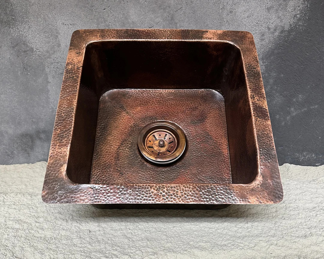 Undermount Copper Bar Sink , Aged Copper Square Kitchen Sink Including Drain , Copper Sqaure Sing... | Etsy (US)