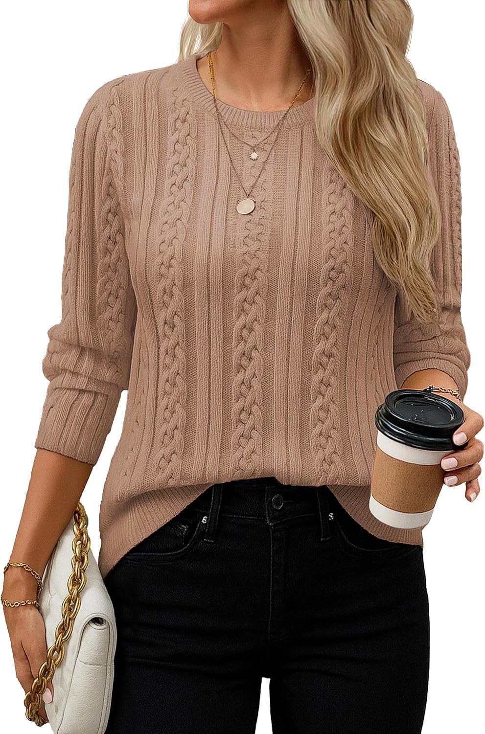 YUCOLEN Womens Sweaters Cable Knit Long Sleeve Crewneck Pullover Warm Tops | Amazon (US)