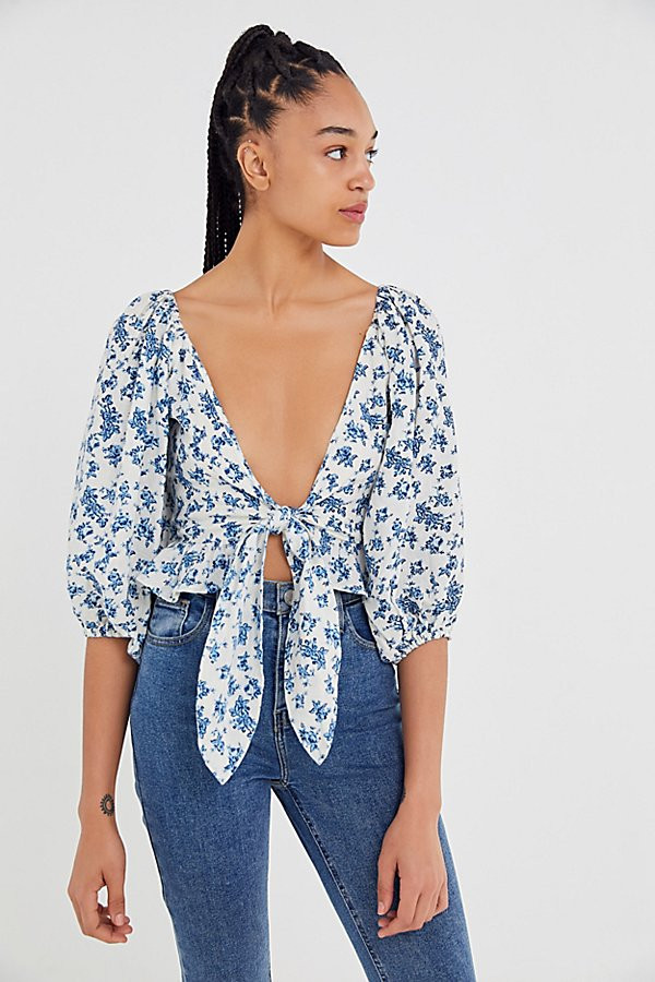 Winston White Nellie Tie-Front Cropped Top - Blue M at Urban Outfitters | Urban Outfitters (US and RoW)