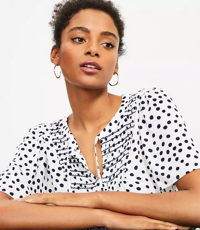Dotted Smocked Mixed Media Top | LOFT