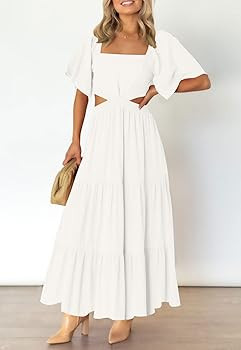 LEANI Women's 2024 Summer Cutout Maxi Dress Square Neck Short Sleeve Crossover Waist Casual Party... | Amazon (US)