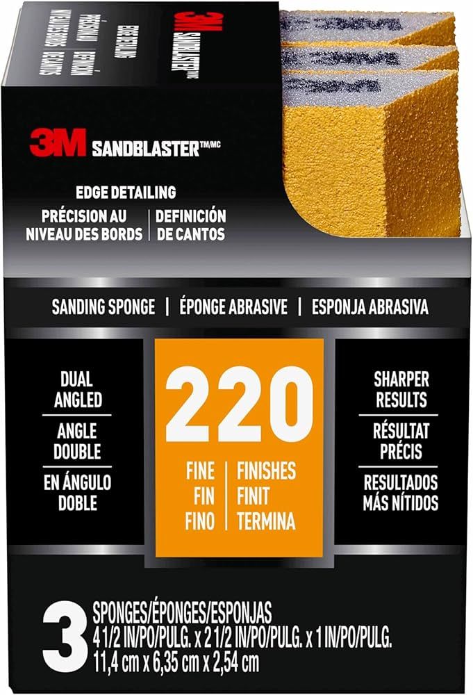 3M SandBlaster Dual Angle Sanding Sponge Gold, 4.5 in. x 2.5 in. x 1 in., 220 Grit, 3/Pack | Amazon (US)