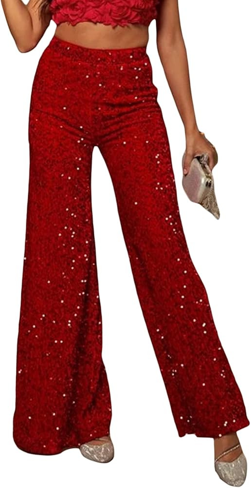 Women's Sexy Metallic Sparkly Wide Leg Pants Trousers Bell Bottom Night Out Clubwear | Amazon (US)