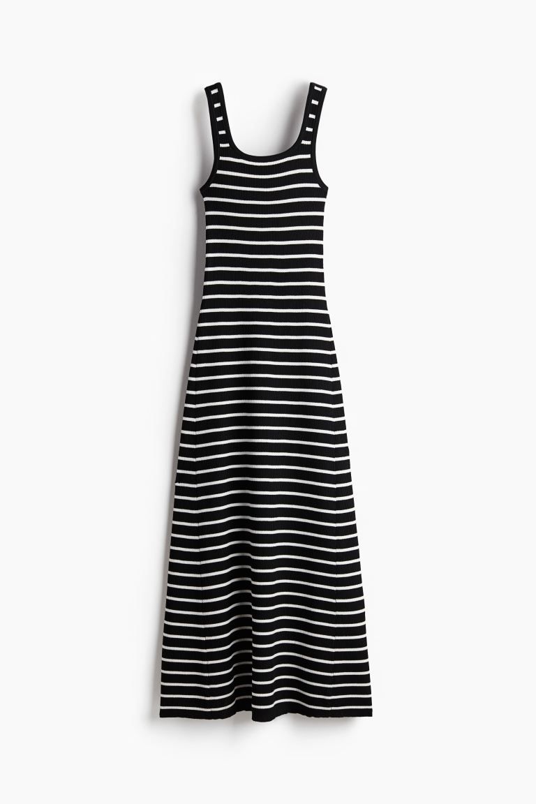 Rib-knit Dress with Flared Skirt - Low-cut Neckline - Sleeveless - Black/striped - Ladies | H&M U... | H&M (US + CA)