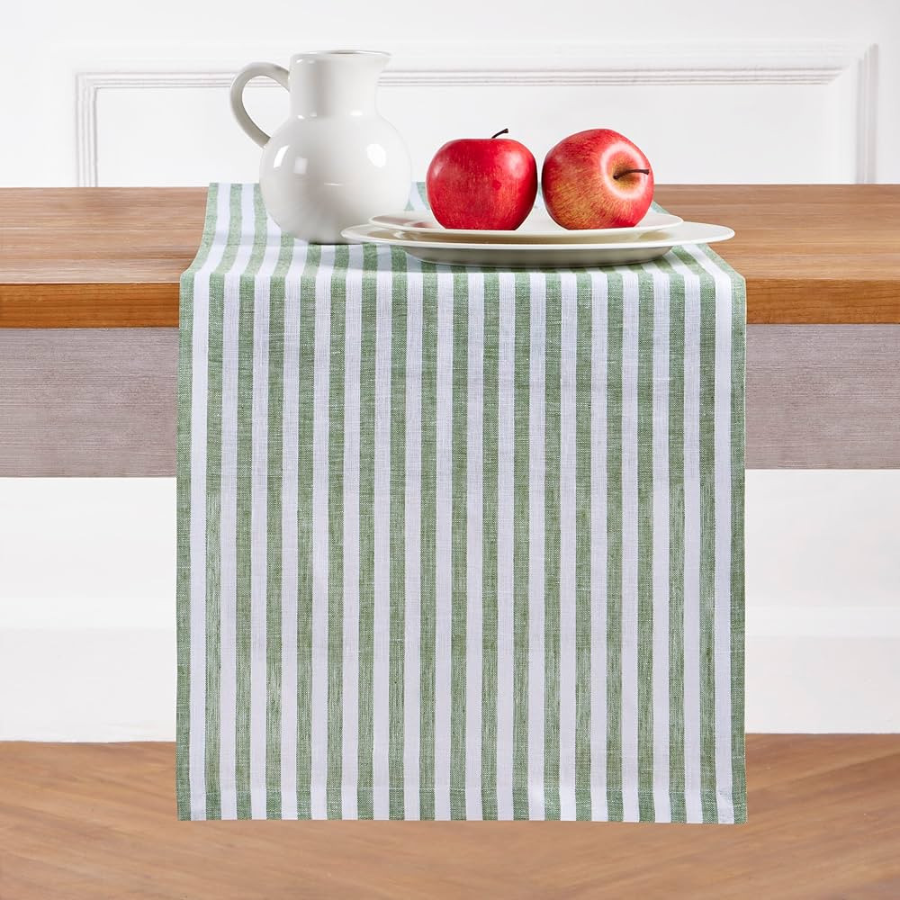 Solino Home Stripe Linen Table Runner 48 Inch – 100% Pure Linen Green and White Short Table Run... | Amazon (US)