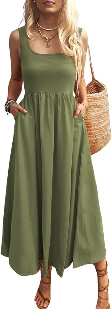 Women's Maxi Dress Summer Sleeveless Swing Sundress Casual Loose Tank Long Dresses with Pockets | Amazon (US)