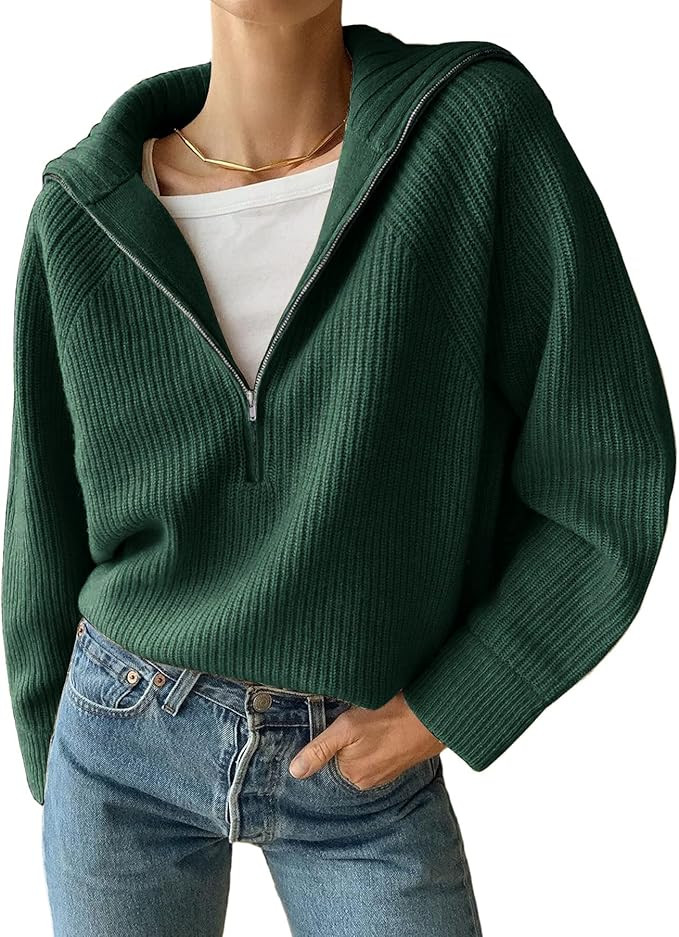 BTFBM Women’s Casual Long Sleeve Half Zip Pullover Sweaters Solid V Neck Collar Ribbed Knitted ... | Amazon (US)
