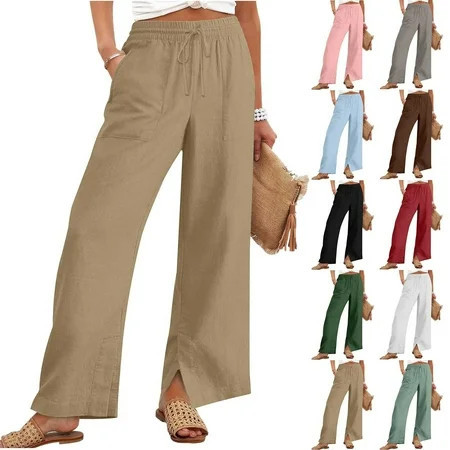 Diufon Womens Linen Pants Summer Drawstring High Waisted Palazzo Pants with Pockets Casual Wide Leg Trouser | Walmart (US)