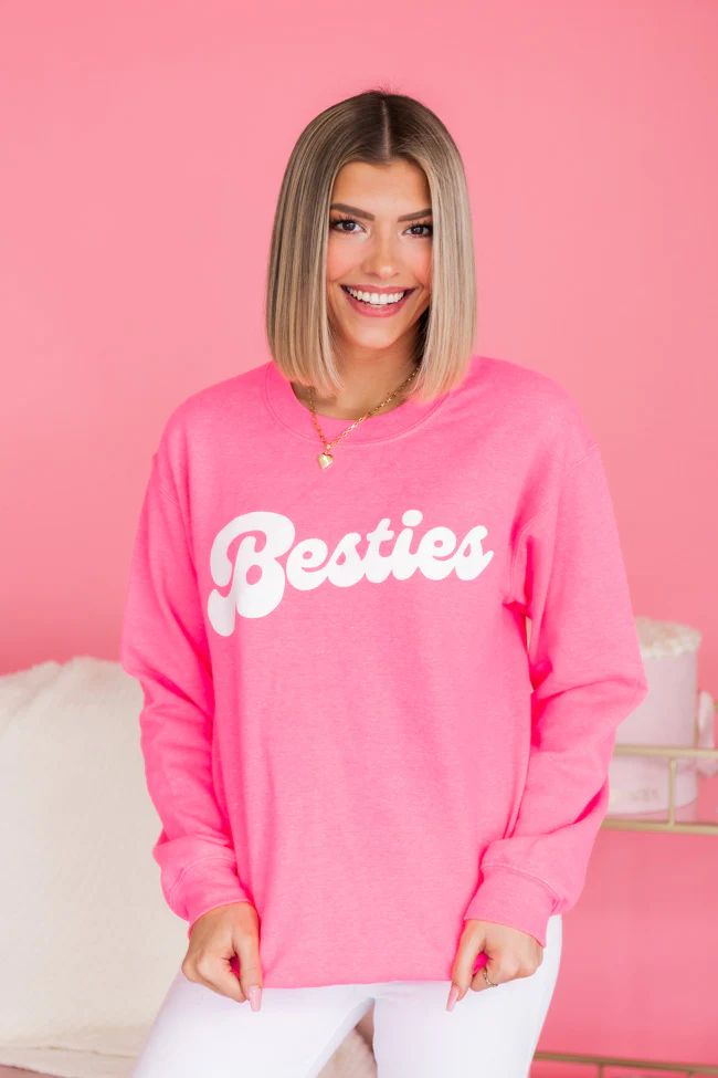 Besties Script Safety Pink Graphic Sweatshirt | The Pink Lily Boutique