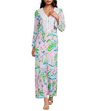 Lilly Pulitzer Ocleppo Satin Back Crepe Sunny Dee Print Lily Lace Trim V-Neck Flare Sleeve Maxi Caftan Dress - 10 | Dillard's