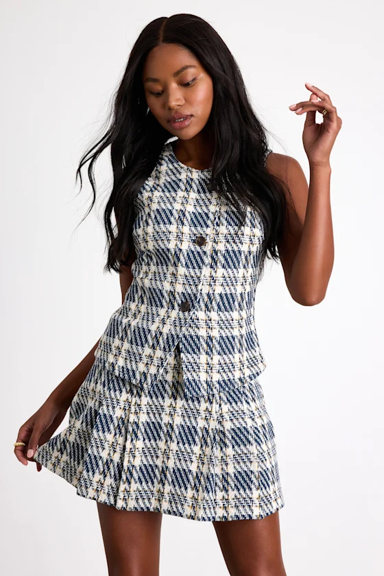 Harlaw Navy Multi Plaid Tweed Mid-Rise Skort | Lulus