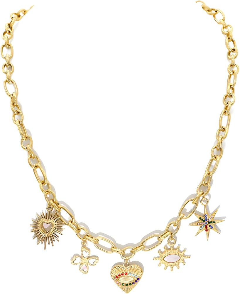 JNF 18K Gold Paperclip Chain Charm necklace for women Crystal Rhinestone Coins Beach Strawberry Fruit Sun Moon Boho Charm Gold Silver Necklace Cowgirl | Amazon (US)