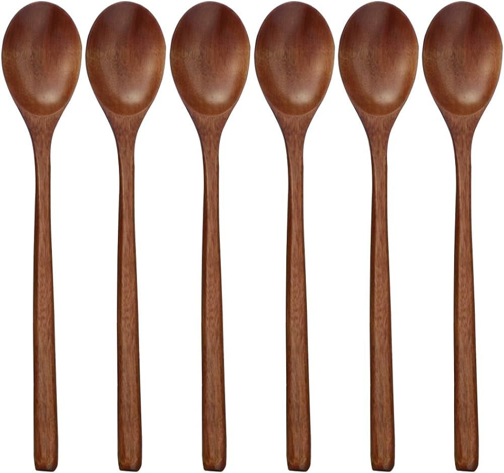 Wooden Spoons, 6 Pieces 9 Inch Wood Soup Spoons for Eating Mixing Stirring, Long Handle Spoon wit... | Amazon (US)