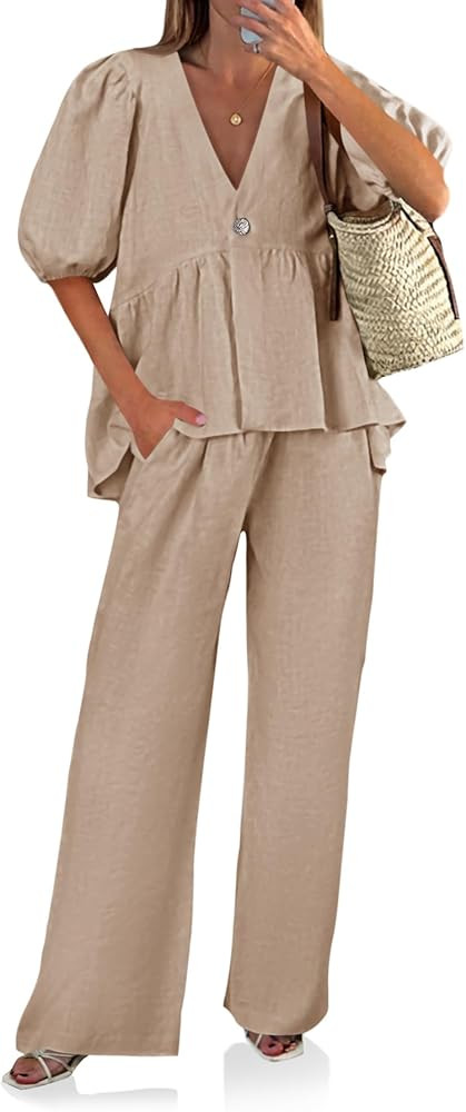 Tankaneo Womens 2 Piece Linen Sets Summer Vacation Outfits V Neck Puff Sleeve Babydoll Tops Wide ... | Amazon (US)