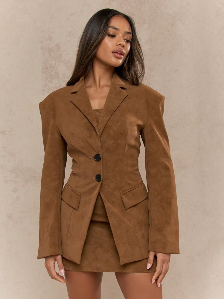 MISSGUIDED Luxury Suede Blazer Double Button Professional Business Office Corporate Fall Fashion Structured Shoulder Padded Jacket Outerwear | SHEIN