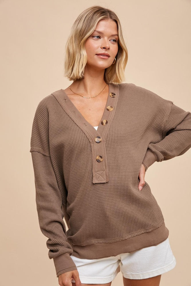 Mocha Waffle Knit Deep V-Neck Top | PinkBlush Maternity