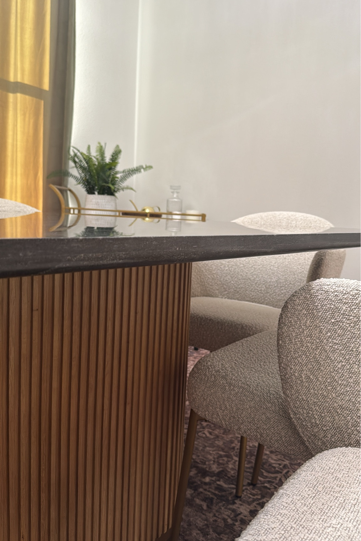 Dining room table
Arhaus table
Honey wood table
Bluestone table
Boucle chairs
Gold leg chairs 
Gold bar cart 

#LTKHome