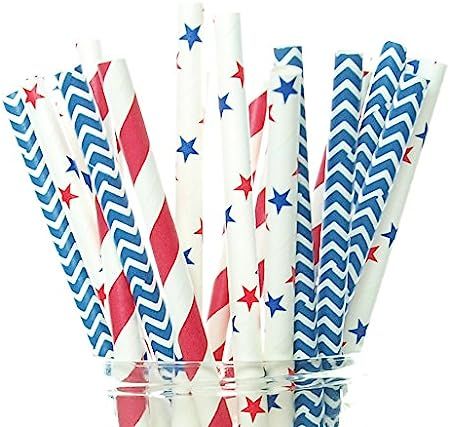 Food With Fashion Patriotic USA Stars & Stripes Red, White & Blue Straws (Pack of 50) - 4th of Ju... | Amazon (US)