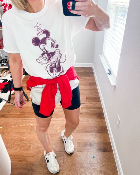 Disney outfit 
Minnie ears 
Disney ears 
Bike shorts - true to size 
Minnie Mouse tee - sized up to large for rear coverage with bike shorts 


#LTKfitness #LTKSeasonal #LTKfindsunder50