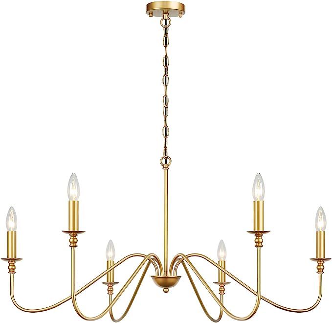 FinExpect Gold Chandelier 6-Light Modern Brass Farmhouse Chandelier Wrought Iron Classic Candle C... | Amazon (US)