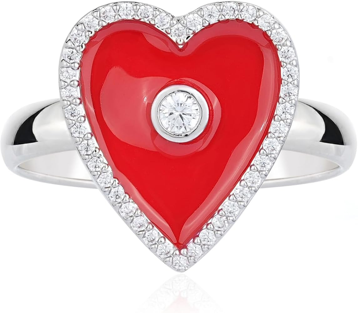 Adjustable Heart Enamel Rings White Gold-Plated Cubic Zirconia Open Circle Heart Ring Enamel Jewe... | Amazon (US)
