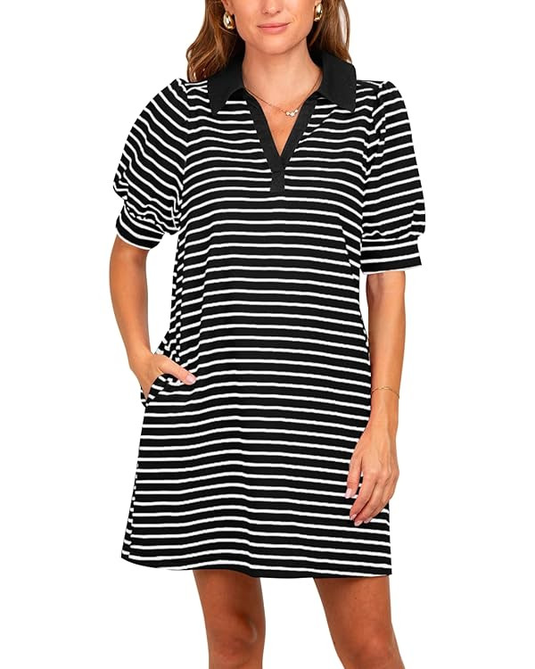 Yousify Women's Summer Lapel Collared V Neck Striped Dress Casual Puff Short Sleeve Polo Tshirt D... | Amazon (US)