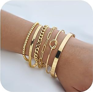 Gold Bangle Bracelets for Women 14K Real Gold Plated Cubic Zirconia Link Cuff Bracelets Non tarni... | Amazon (US)