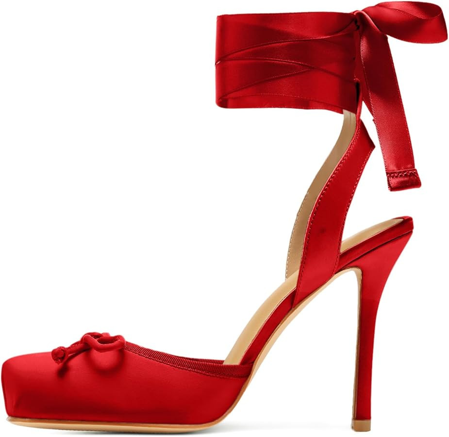 Satin Ballerina Heels for Women Closed Square Toe Bow Knot Ballet Heel Strappy Lace Up Backless P... | Amazon (US)
