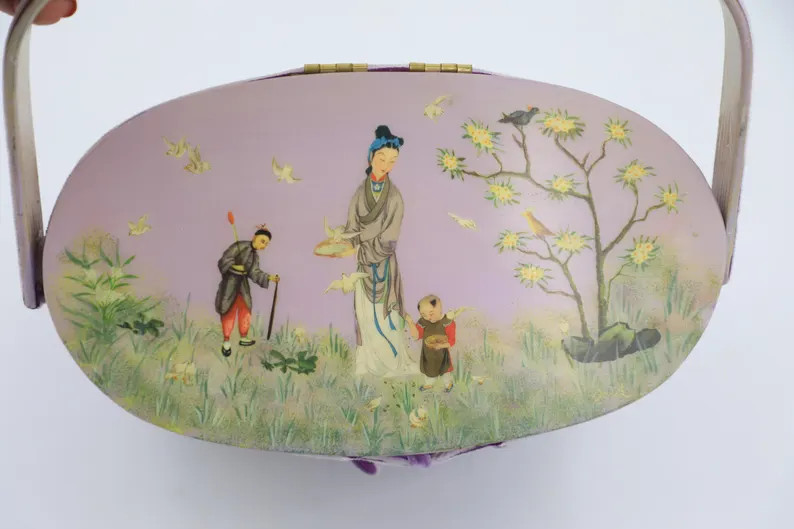 Lavender Découpage Picnic Basket Purse - Chinese Folk Art - 1970s Novelty Handbag | Etsy (US)