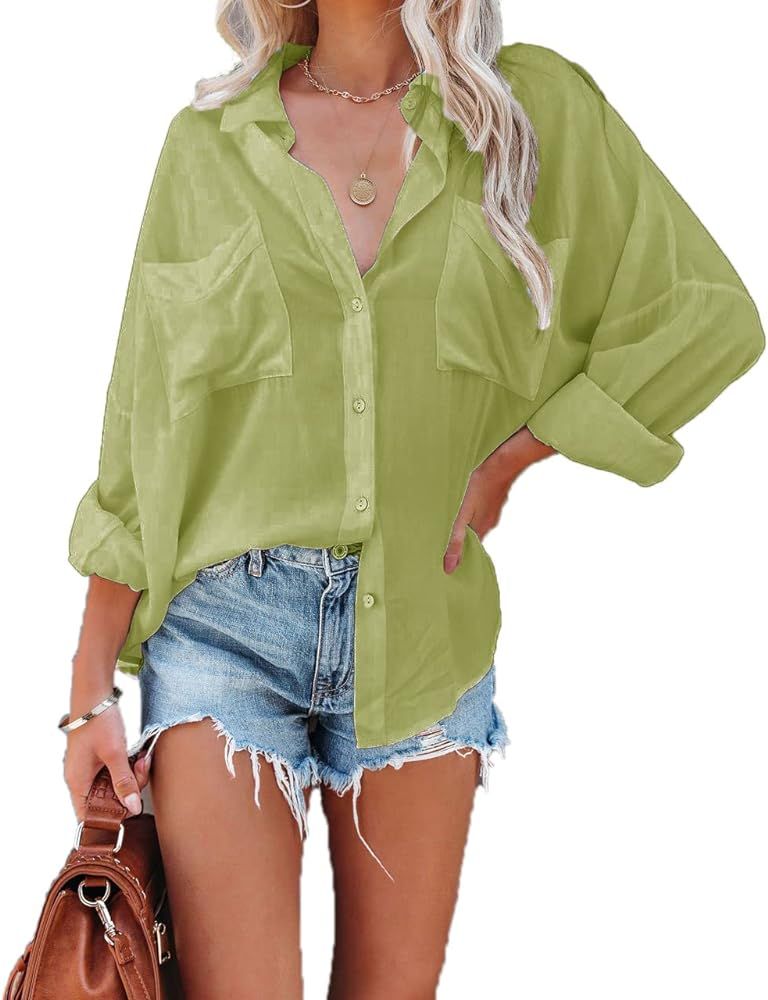 Paintcolors Women's Button Up Shirts Roll-Up Sleeve Blouses V Neck Casual Tunics Solid Color Tops... | Amazon (US)