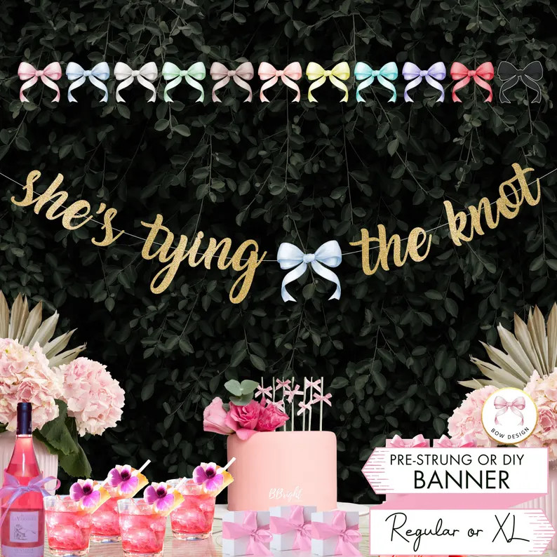 She's Tying the Knot Bachelorette Sign White Bow Wedding Garland Bridal Shower Banner Funny Banne... | Etsy (US)