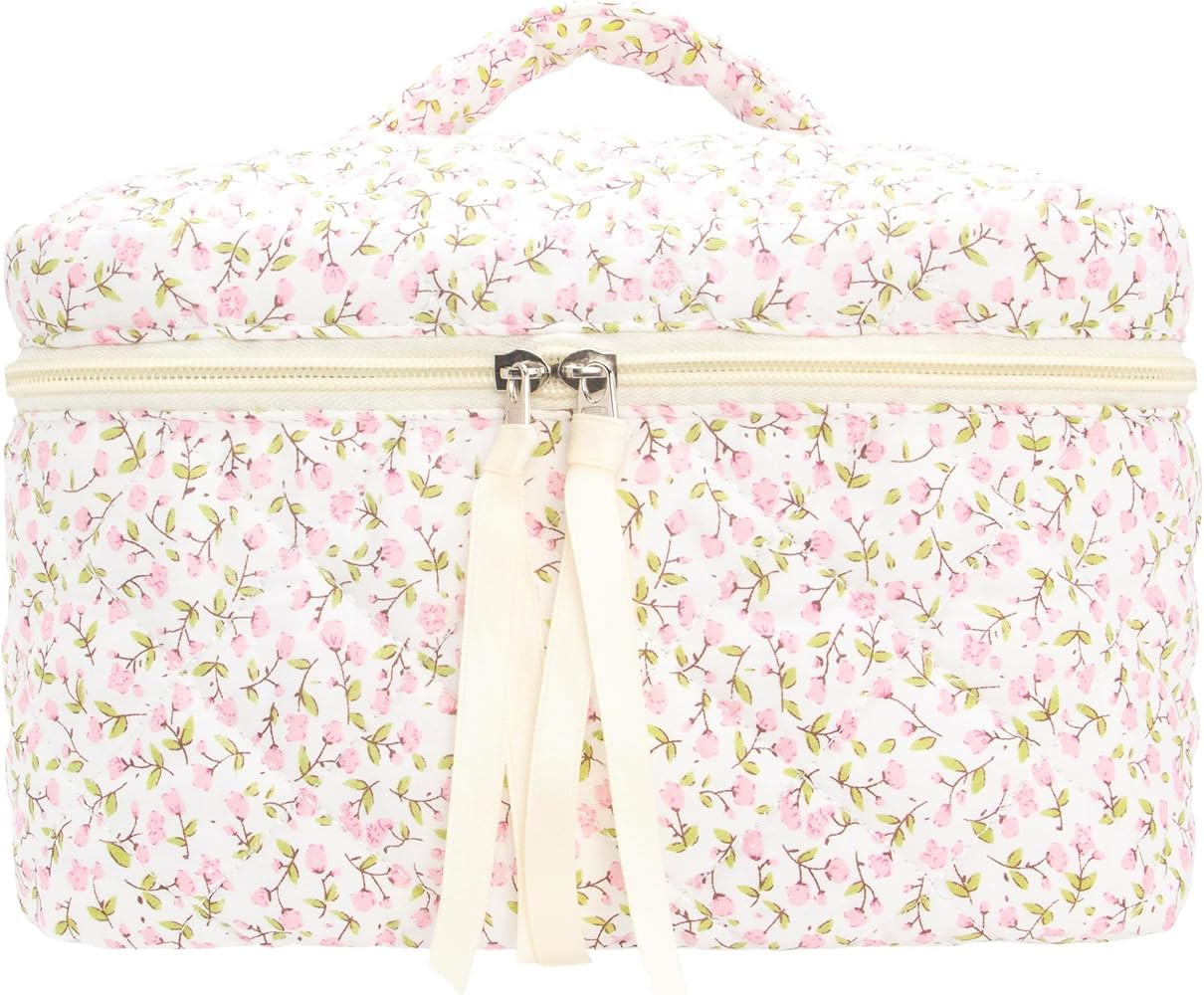 Quilted Makeup Bag Large Travel Zipper Soft Cosmetic Case for Women Girls Make Up,Floral Pink | Amazon (US)