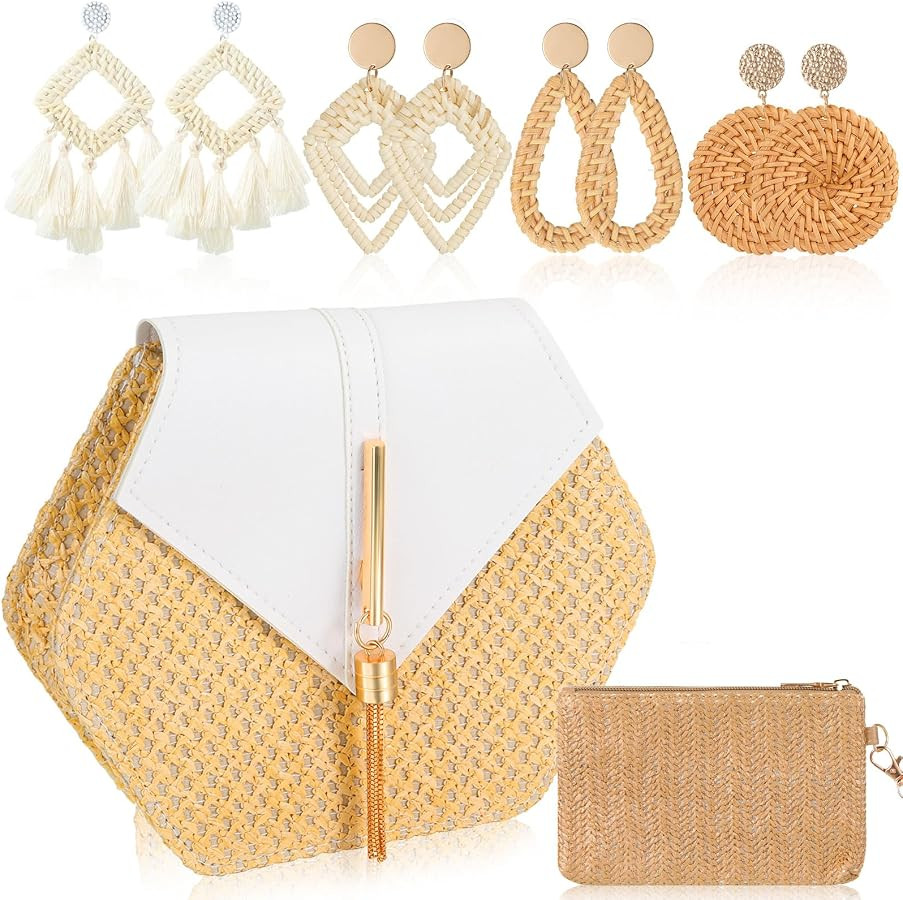 Straw Clutch Purse for Women Rattan Earrings Set Summer Beach Straw Bag Boho Handbag Woven Wallet... | Amazon (US)