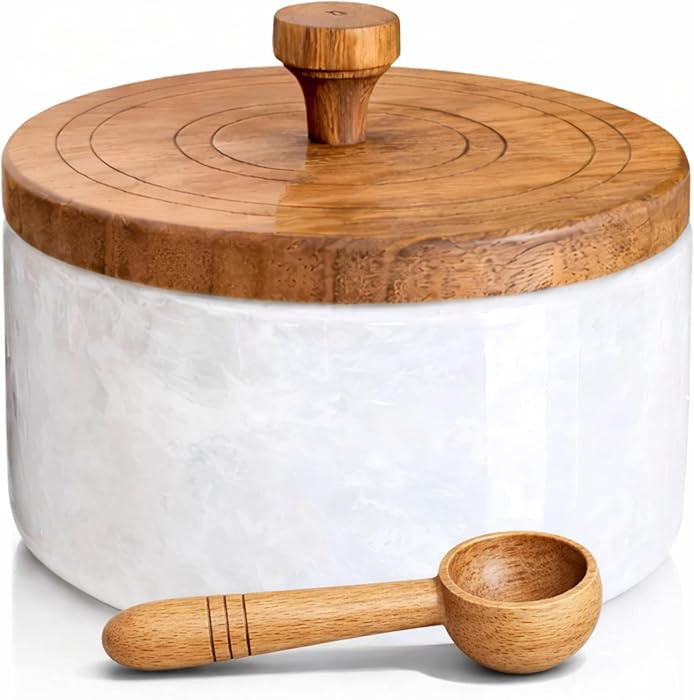 Marble salt cellar with lid and spoon, salt container with spoon, salt bowl with acacia wood lid,... | Amazon (US)