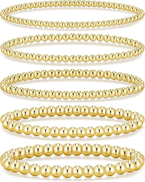 Gold Beaded Bracelets for Women, 5 Pcs Dainty 14K Gold Plated Chunky Stretch Bead Ball Bracelet S... | Amazon (US)