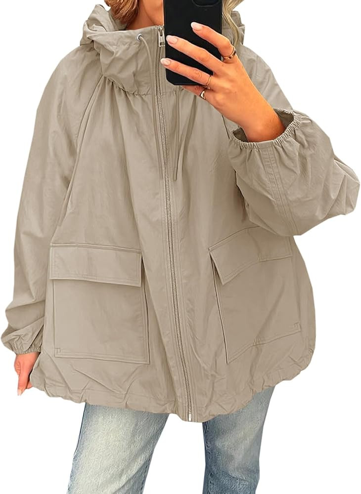 Fisoew Womens Oversized Lightweight Jacket Hooded Trench Coat Windbreaker Waterproof Raincoat Wit... | Amazon (US)
