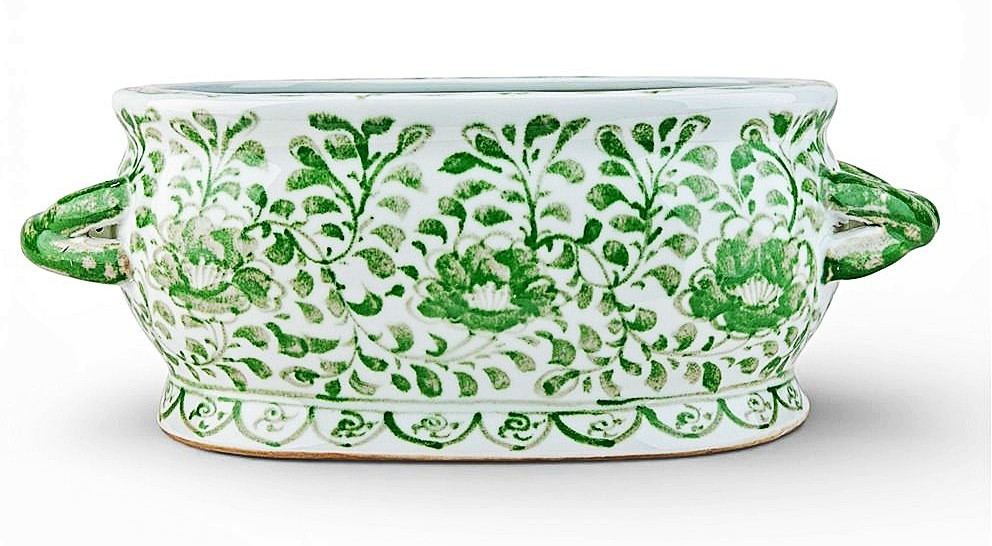 Green, White Chinoiserie Porcelain Footbath.Braided Handles.Hand Painted-17.75”L | eBay US