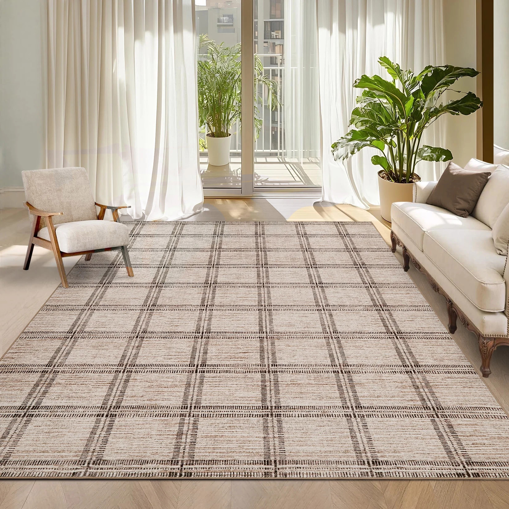 Hasoo Large Washable Rug 9' x 12' Area Rug for Living Room Modern Plaid Non Slip Neutral Indoor D... | Walmart (US)