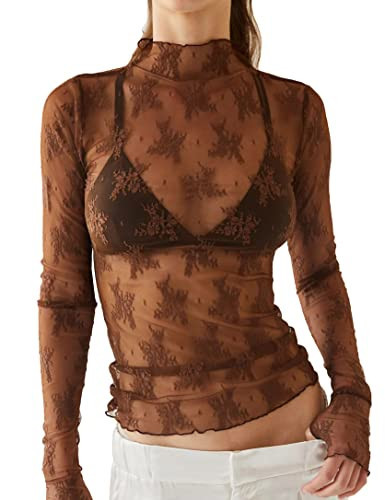 Ugerlov Women's Long Sleeve Mesh Top Mock Neck Sheer Blouse See Through Floral Lace Tops, Brown XS | Amazon (US)