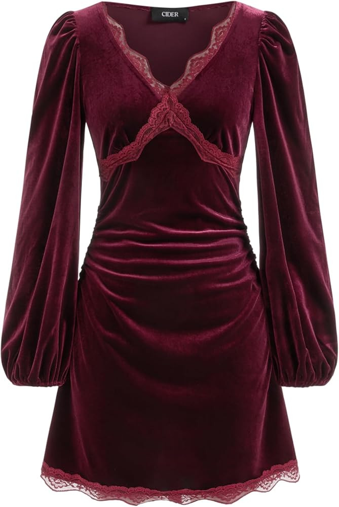 CIDER Velvet Mini Dress with Lace Trim Long Sleeve Dress | Amazon (US)
