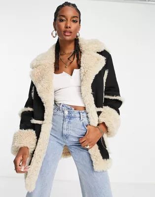 ASOS DESIGN oversized bonded teddy aviator jacket in black | ASOS (Global)