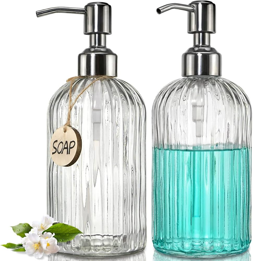 JASAI 2PACK 18 Oz Glass Soap Dispenser with Rust Proof Stainless Steel Pump, Refillable Hand Soap... | Amazon (US)