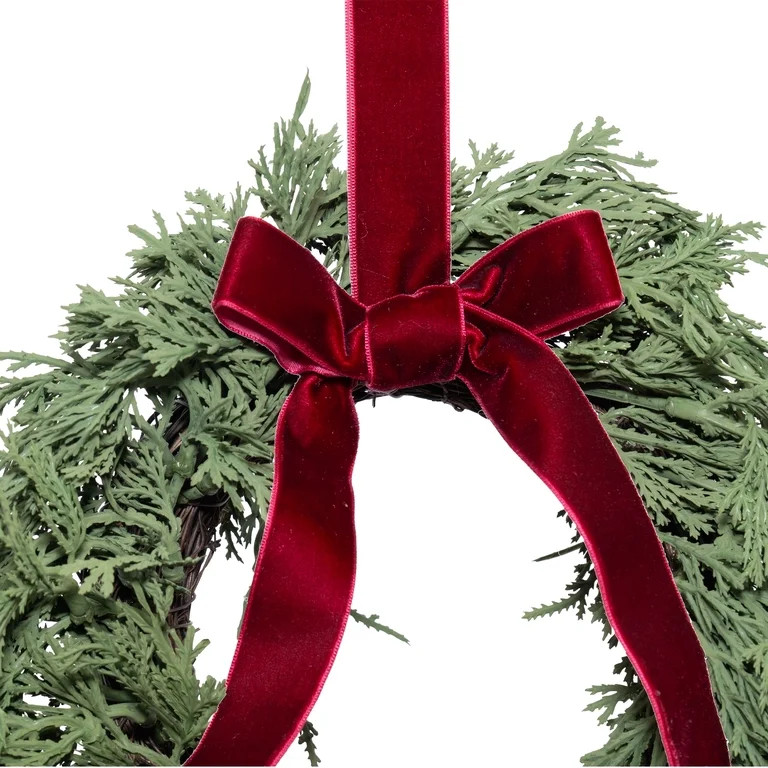 My Texas House Evergreen Artificial Christmas Wreath with Velvet Ribbon, Green and Red, 12" | Walmart (US)
