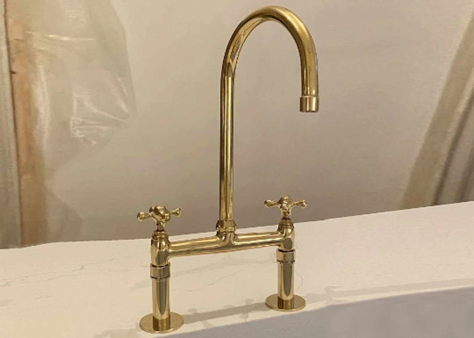 Luxury Unlacquered Solid Brass Kitchen Bridge Faucet With Arc Spout, Side Sprayer, Island Pure Br... | Etsy (US)