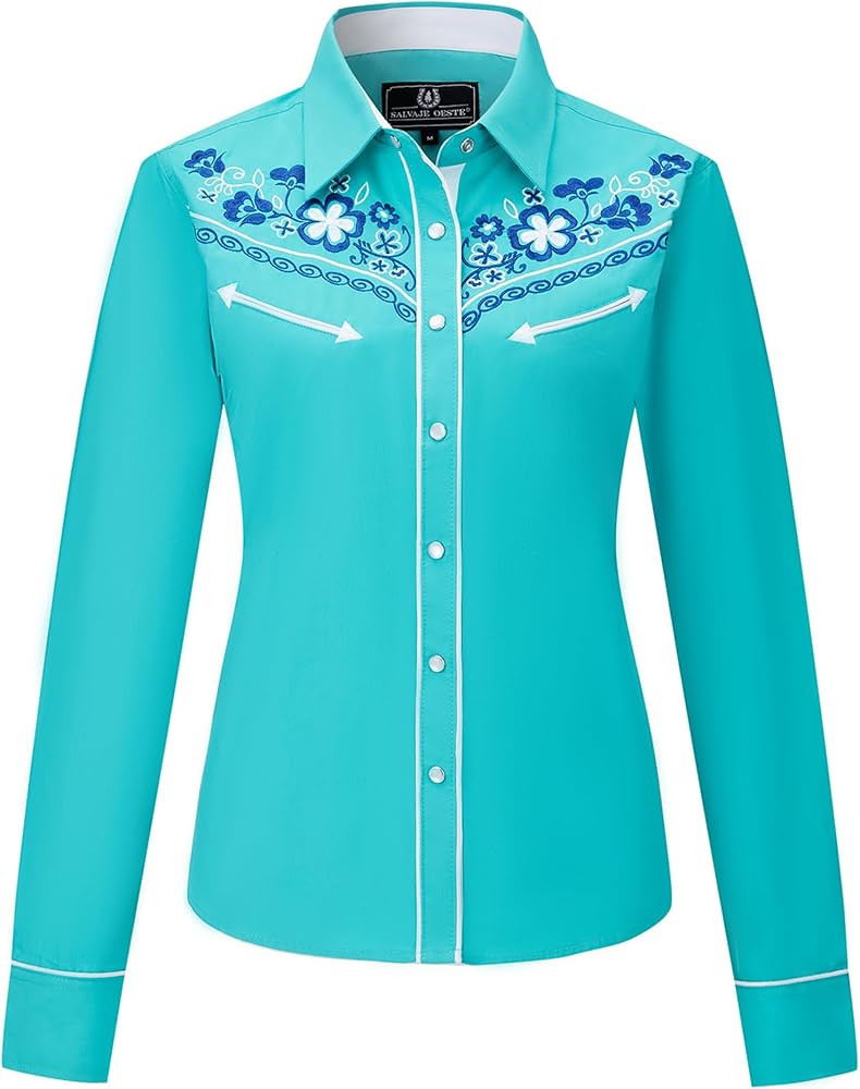 Women's Embroidered Western Cowboy Snap Front Long Sleeve Button Down Shirt | Amazon (US)